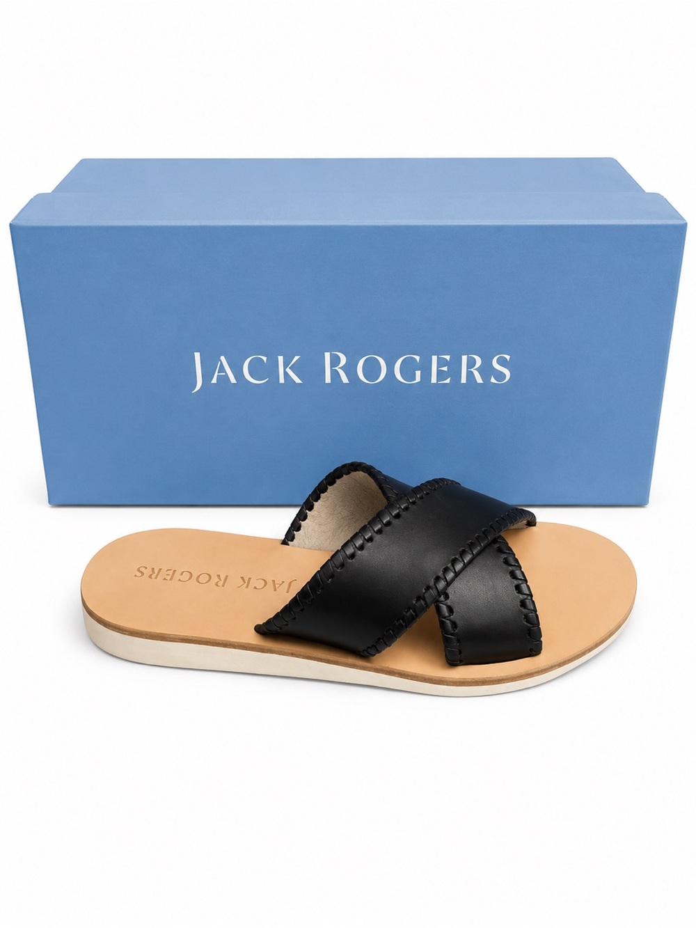Jack Rogers Sloane-x Black Leather Cross-Strap Slide Sandal NIB
